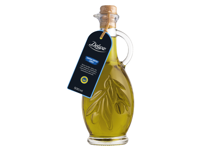 Steklenica ekstra deviškega oljčnega olja z etiketo, ki označuje 'CHANIA KRITIS (ZGO)' in '500 ml'.