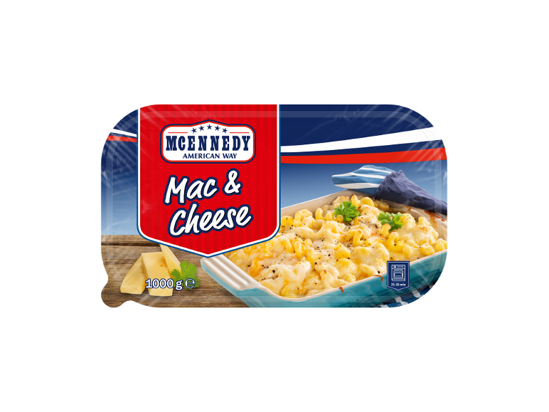 Pakiranje ameriških Mac & Cheese, 1000g, s sliko pripravljene jedi.