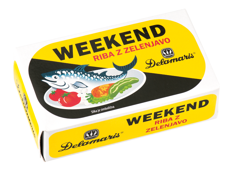 Konzerva ribjih izdelkov s sliko ribe in zelenjave, napisom »WEEKEND RIBA Z ZELENJAVO«