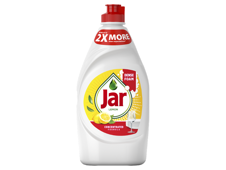 Steklenica pomivalnega sredstva z vonjem po limoni, z oznako '2X VEČ' in 'GOSTA PENA'.