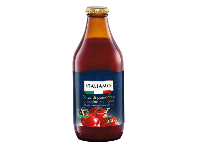 Steklenica sicilijanske paradižnikove omake s češnjevimi paradižniki, 330g.