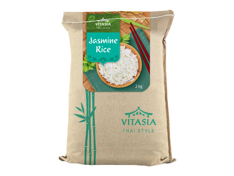 Vreča 2 kg jasminovega riža s skledo riža in palčkami.