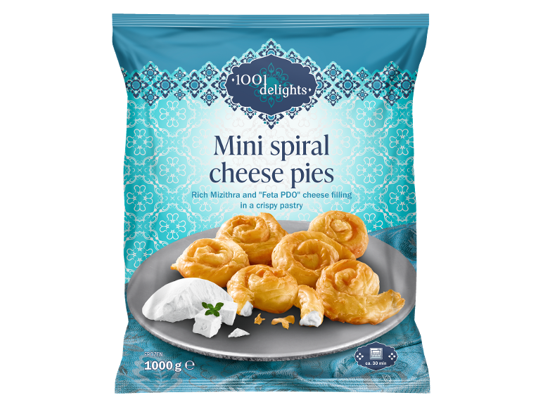 Paket zamrznjenih mini spiralnih sirovih pit z nadevom Mizithra in Feta, 1000g.