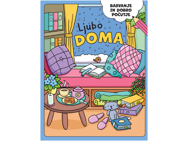 Ilustracija udobnega domačega prizora z blazinami, knjigami in čajem, besedilo »BARVANJE IN DOBRO POČUTJE«.