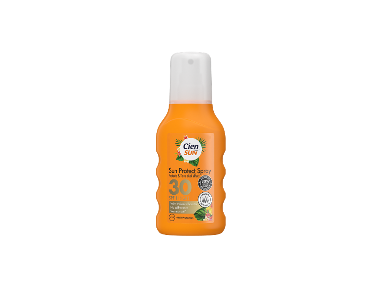 Oranžno pršilo za zaščito pred soncem z ZF 30, vodoodporno in z UVA/UVB zaščito.