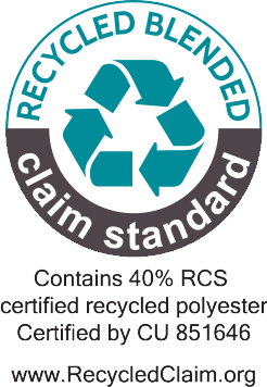 Pečat Recycled Blended Claim Standard: vsebuje 40% RCS certificiranega recikliranega poliestra, certificiran s strani CU 851646.
