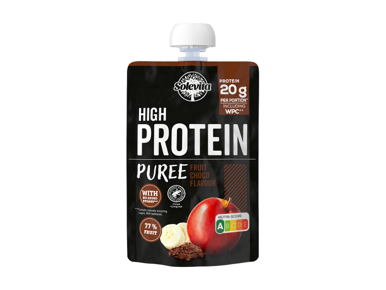 Visokoproteinski pire z okusom sadja in čokolade, 20g beljakovin, 77% sadja, Nutri-Score A.