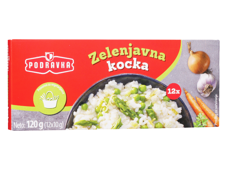 Zelenjavna jušna kocka, 12x10g, primerno za vegetarijance, z rižem in zelenjavo.