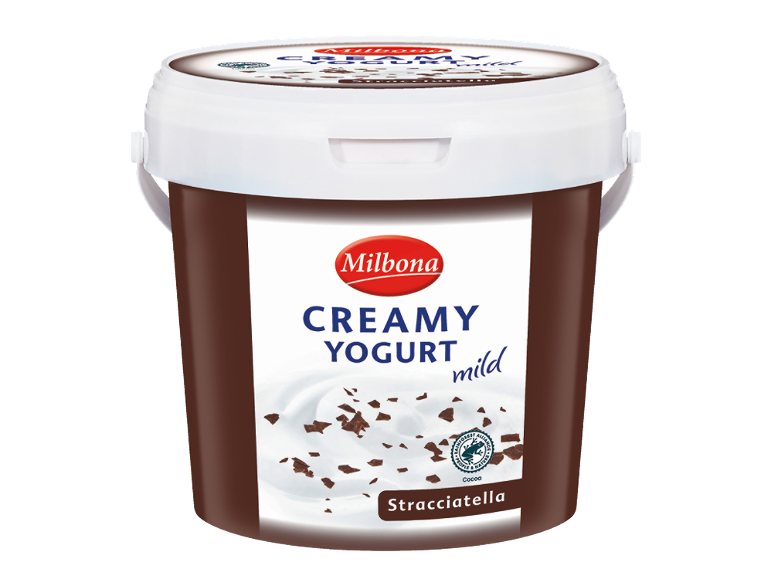Kremni stracciatella jogurt v veliki posodi.