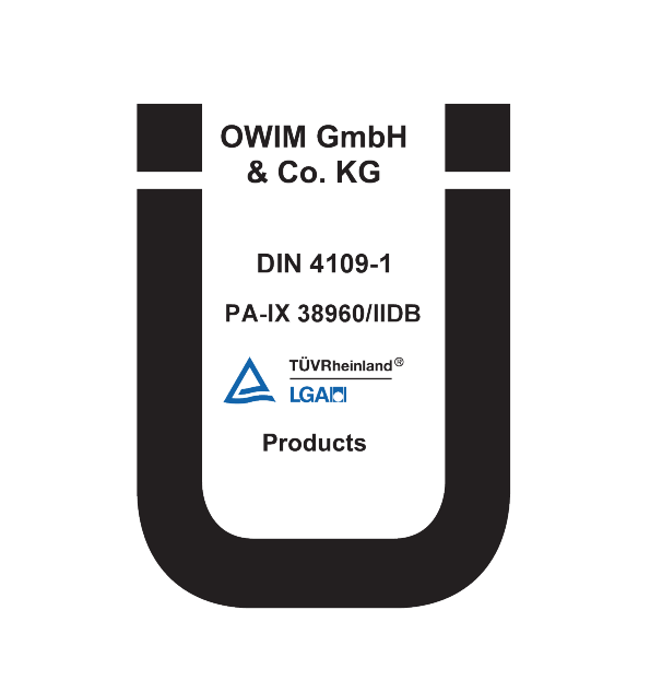 Oznaka z OWIM GmbH & Co. KG, DIN 4109-1, PA-IX 38960/IIDB, TÜV Rheinland LGAID Products.
