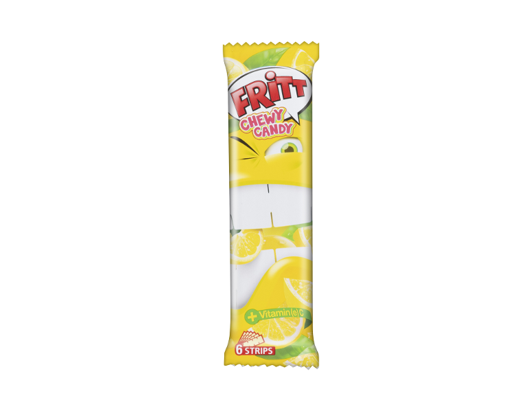 Žvečljivi bonboni z okusom limone z vitaminoma E in C, 6 trakov, z likom pomežikujoče limone.