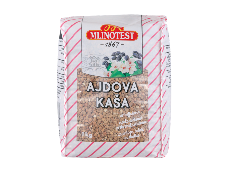 Paket ajdove kaše 1 kg z blagovno znamko in hranilnimi informacijami ob strani.