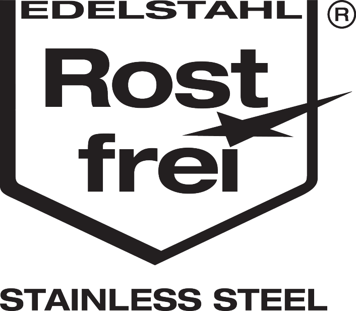 Pečat 'EDELSTAHL Rost frei' (nerjaveče jeklo) z besedilom 'STAINLESS STEEL' spodaj.