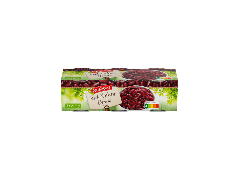 Paket rdečega fižola z oznako „3x210 g“ in prehransko oceno A.