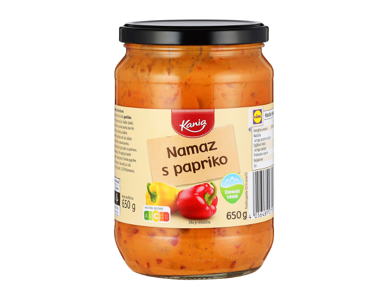 Kozarec paprikinega namaza z rdečo in rumeno papriko, hranilnimi informacijami in neto težo.