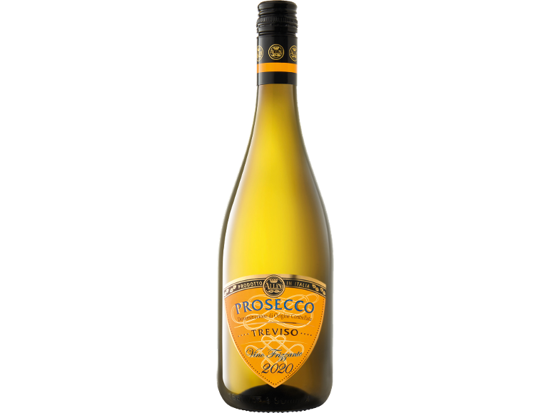 Steklenica Prosecco Treviso 2020, peneče vino, z oranžno etiketo in zlatimi detajli.