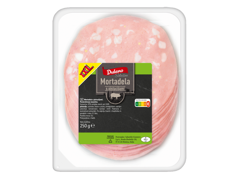 Pakirana mortadela s pistacijami, z oznako Nutri-Score A in informacijami o izdelku.