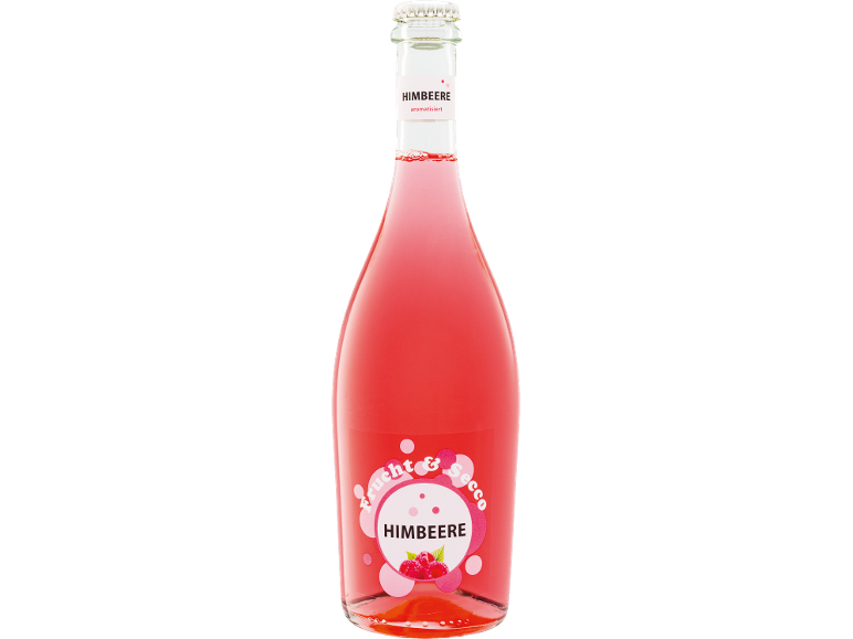 Steklenica rožnate malinove pijače z mehurčki in etiketo „Himbeere aromatisiert“