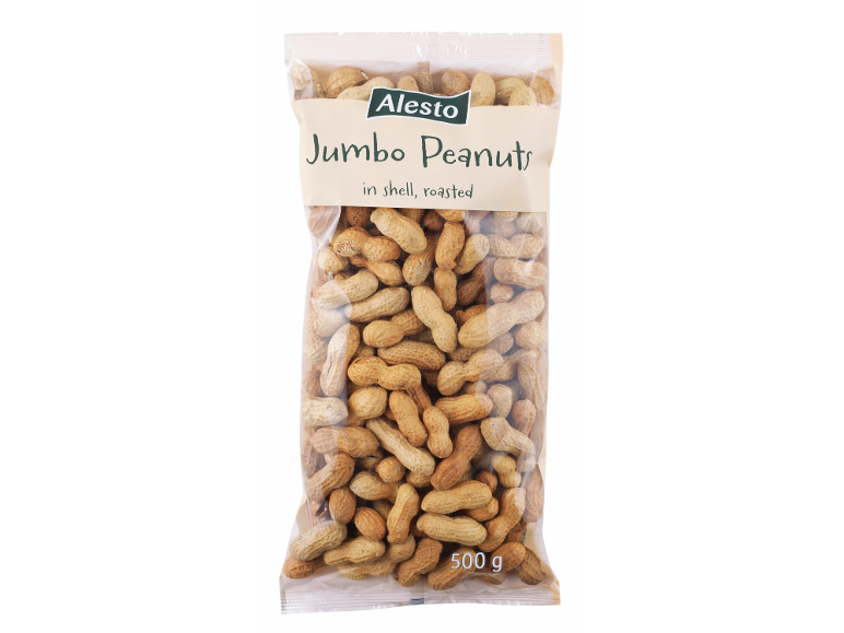 Vrečka praženih jumbo arašidov v lupini, teže 500 g.