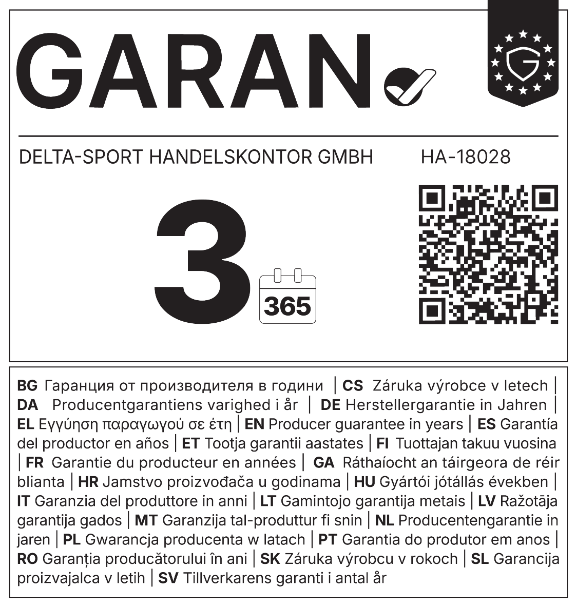 Garancija proizvajalca 3 leta, 365 dni. Številka HA-18028.