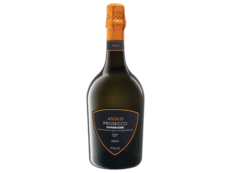 Steklenica Prosecco Superiore Extra Dry 2023, s črno etiketo in oranžnimi detajli.