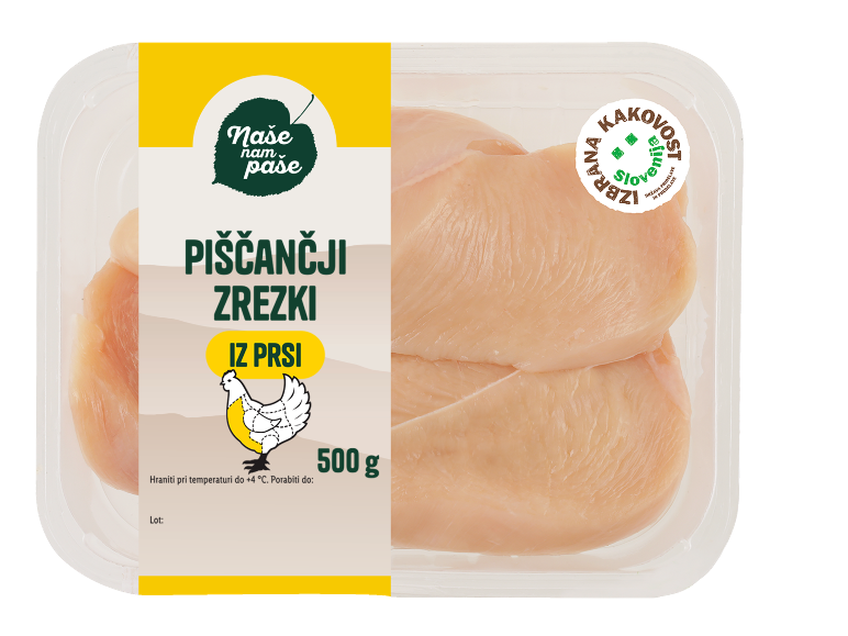 Piščančji zrezki v 500g pakiranju z napisom 'Naše nam paše' in znakom kakovosti.