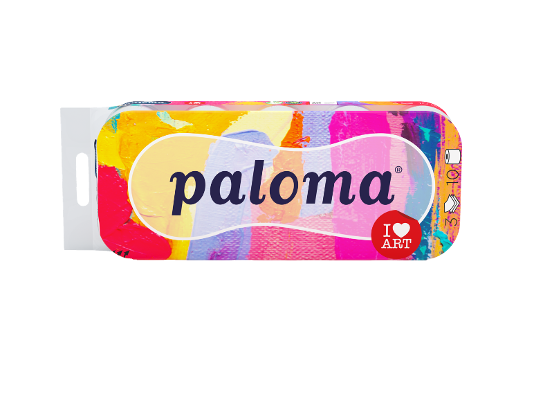 Paket toaletnega papirja z barvitim umetniškim dizajnom in besedilom „I ❤️ ART“.
