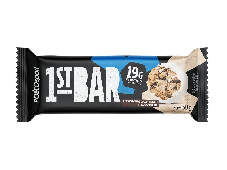 60 g proteinska ploščica z okusom piškotka s smetano in 19 g beljakovin.