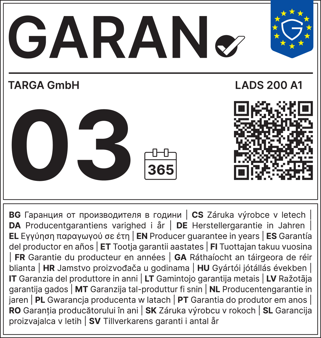 Garancijski pečat: 03 leta, 365 dni. Koda izdelka: LADS 200 A1.