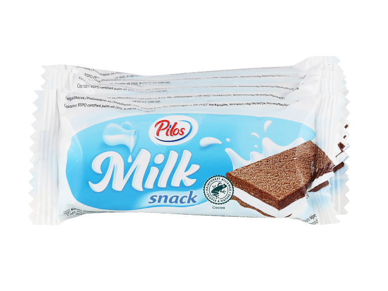 Paket mlečnih kakavovih prigrizkov z napisom 'Milk snack', certificiranih RSPO.
