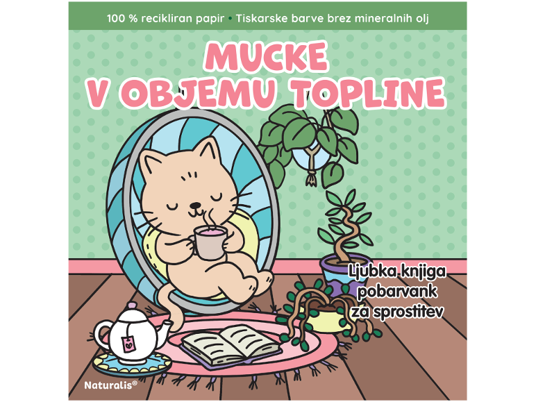Pobarvanka z mačko v viseči mreži, čajnikom in rastlinami, z besedilom o recikliranem papirju.
