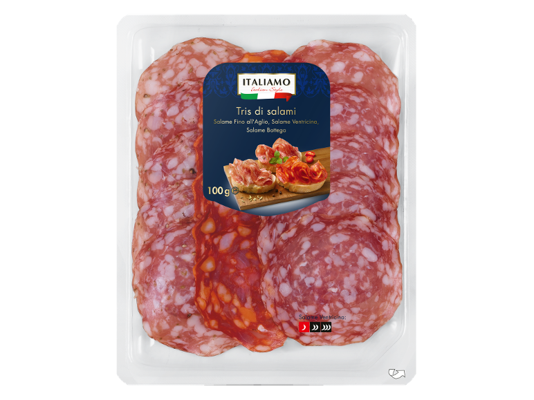 Pladenj s tremi vrstami italijanske salame, vključno s Salame Fino all'Aglio in Ventricina, 100g.