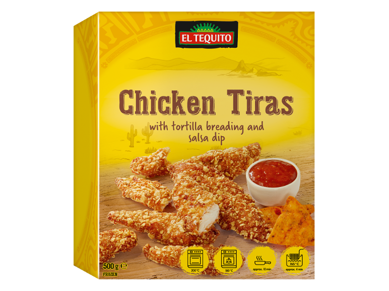 Piščančji trakovi s tortilja panado in salsa omako, z navodili za pripravo.