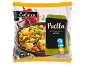 Paella z rižem, ribo, piščancem, školjkami in kozicami, z navodili za pripravo.