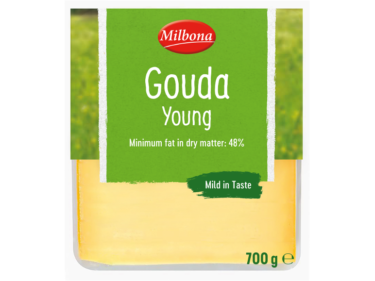Mlad Gouda sir, blagega okusa, z najmanj 48 % maščobe v suhi snovi, 700 g.