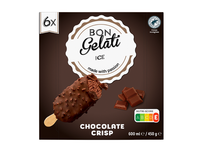 Pakiranje 6 čokoladnih hrustljavih sladoledov z Nutri-Score A, 600 ml / 450 g.