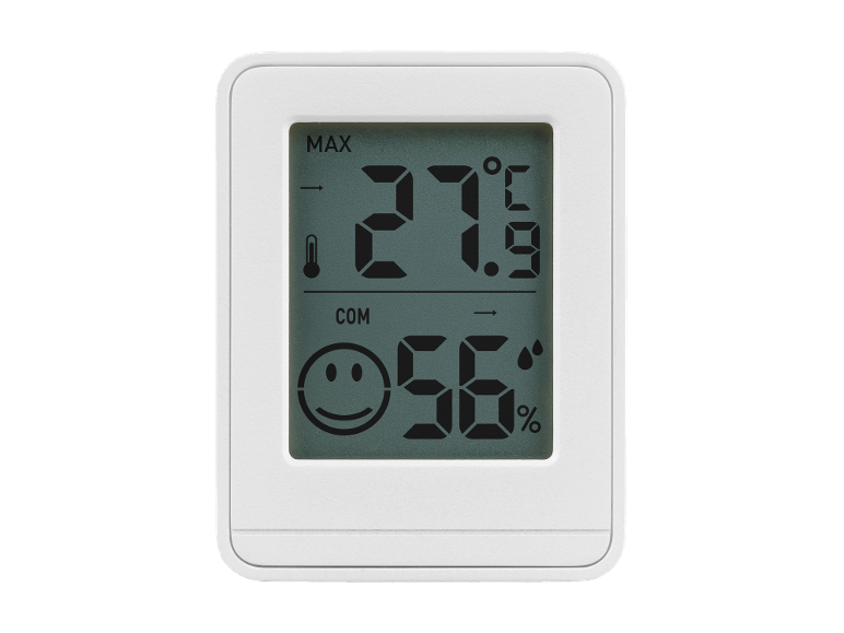 Beli digitalni termometer in higrometer z LCD zaslonom, prikazuje 27.9°C in 56% vlažnosti.