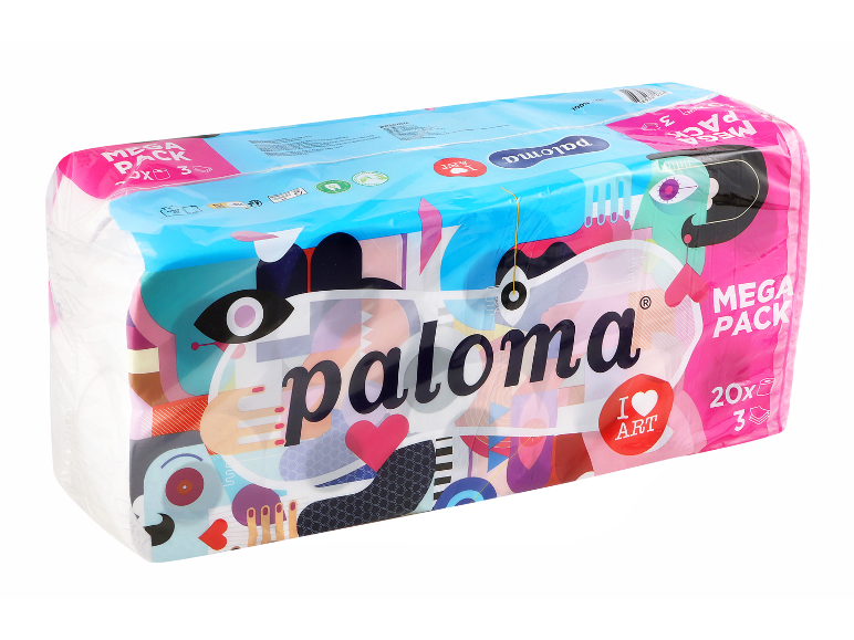 Paket toaletnega papirja z barvitim umetniškim dizajnom, 20 zvitkov s 3 plastmi, z napisom »MEGA PACK« in »I ❤️ ART«.