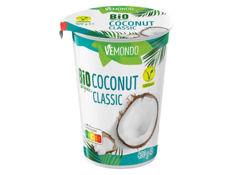 400g ekološki kokosov jogurt Classic z veganskim certifikatom in Nutri-Score B.