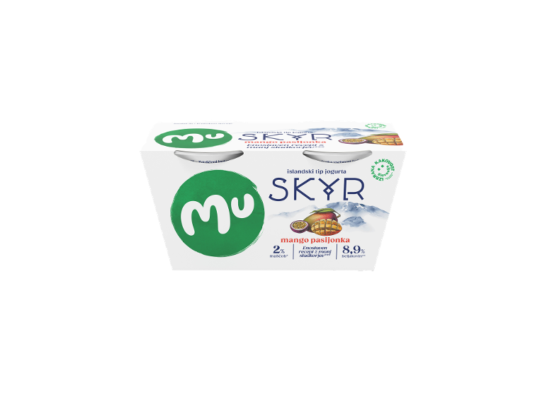 Štiripak jogurta s slikami manga in pasijonke, 2% maščobe in 8,9% beljakovin.