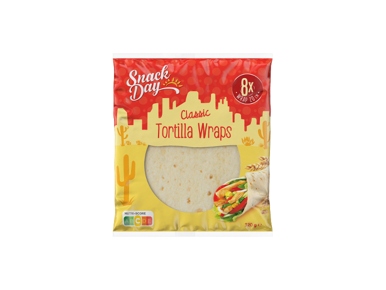 Paket 8 klasičnih tortilj, 20 cm, 320 g, z oznako Nutri-Score.