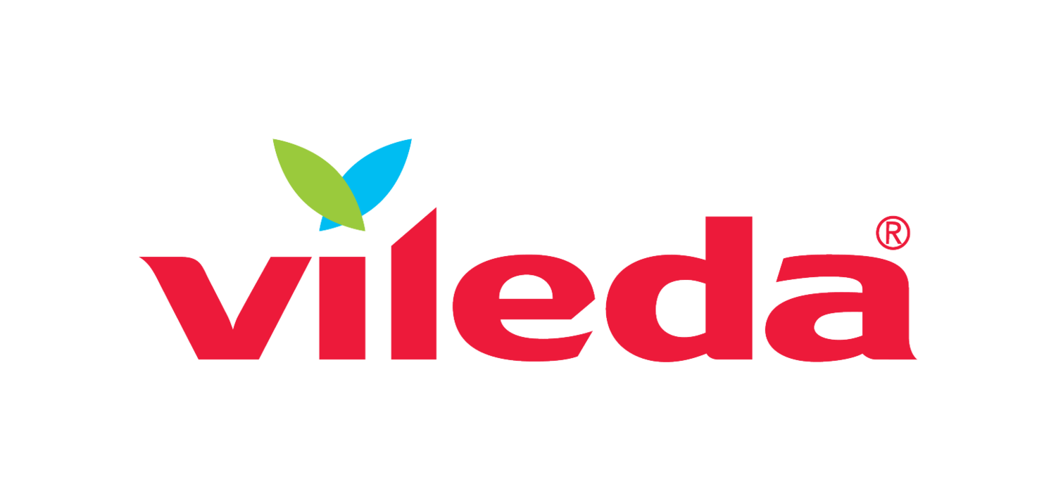 Logotip z besedo 'vileda' v rdeči barvi in dvema stiliziranima listoma nad črko 'i'.