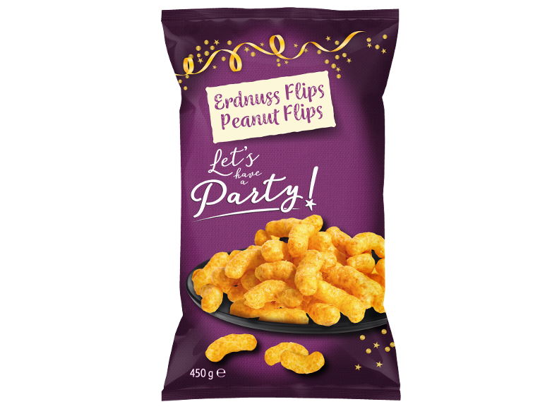 Vijolična vrečka arašidovih flips z napisom »Let's have a Party!« in 450 g.