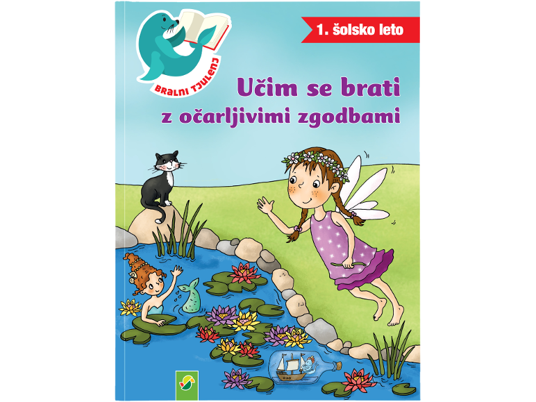Ilustracija otroške knjige z vilo, morsko deklico in mačko, z napisom »Učim se brati z očarljivimi zgodbami«.
