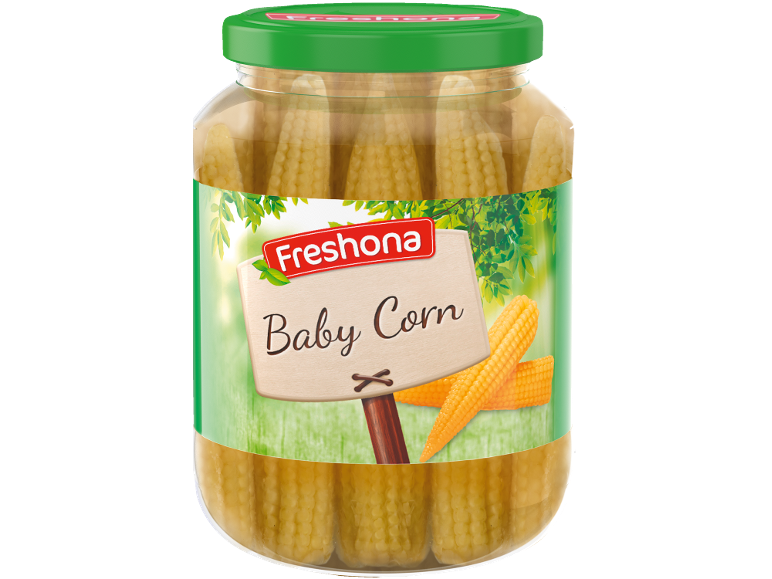 Kozarec koruze z napisom 'Baby Corn' in zelenim ozadjem.