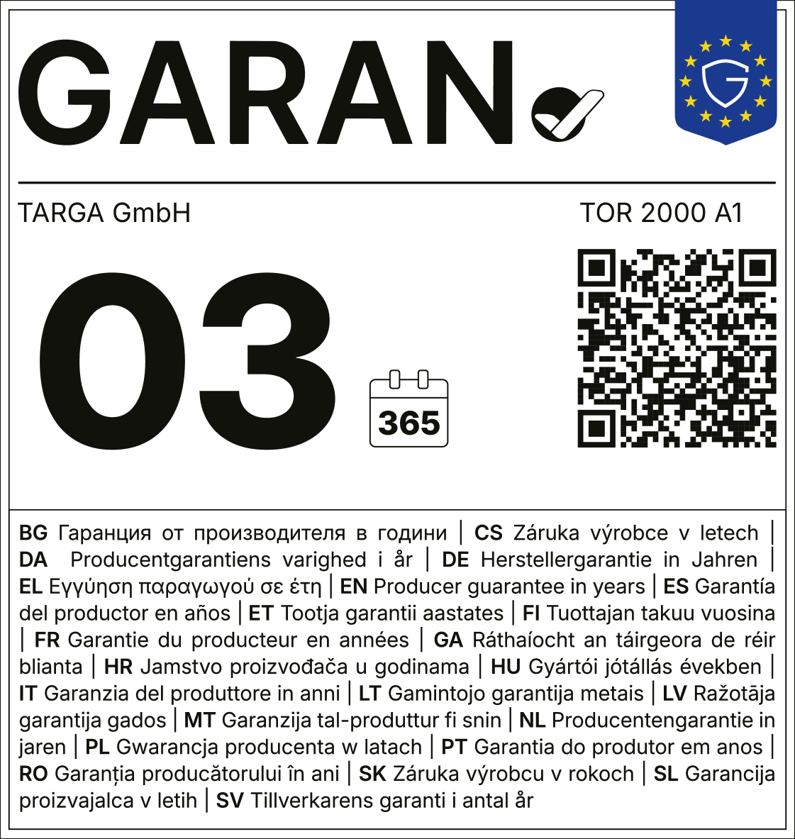 Garancija 03 leta, 365 dni. QR koda.