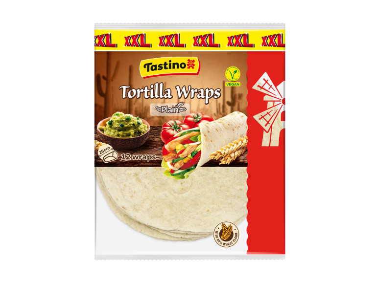 Paket 12 XXL 25 cm pšeničnih tortilj, navadnih, s polnilom za wrap in gvakamole.