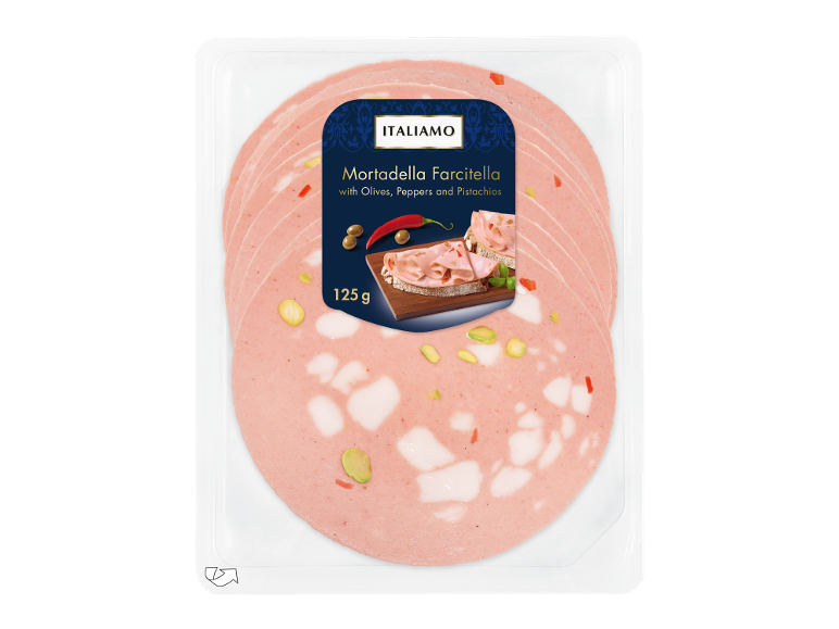 Mortadela Farcitella z olivami, papriko in pistacijami, 125 g
