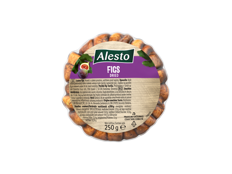Paket suhih fig z informacijami o hranilni vrednosti in poreklu.