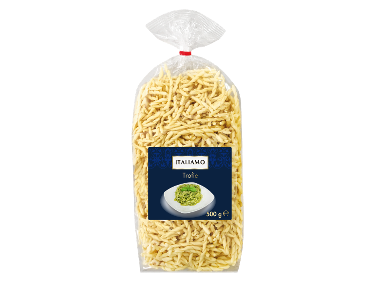 Paket testenin trofie z etiketo, ki prikazuje kuhane testenine s pestom.